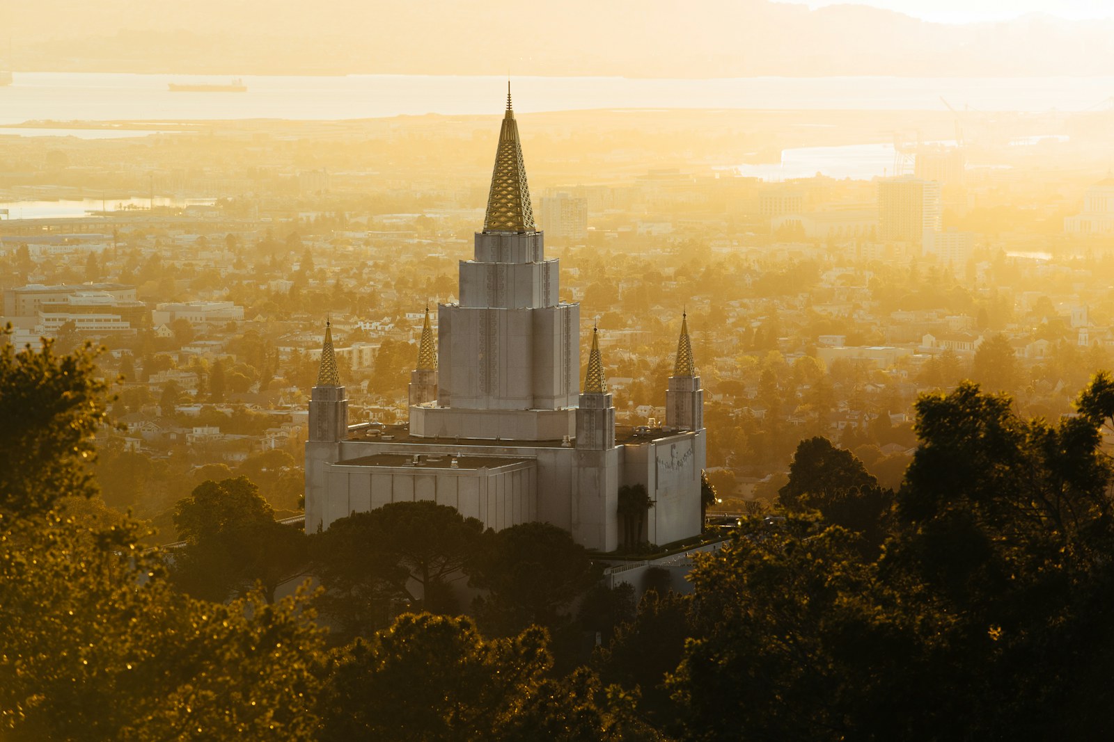 Golden-hour view over Oakland and the East Bay hills